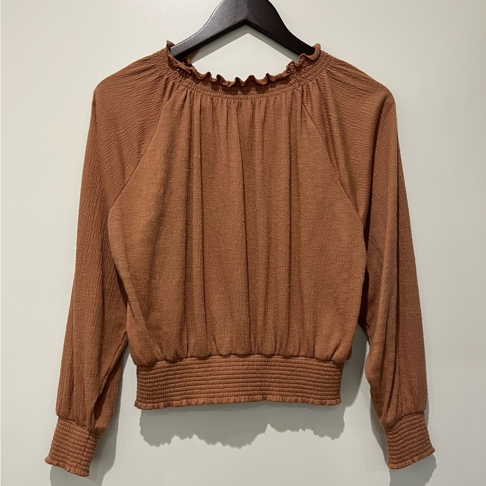 Gentle Fawn Brown Women's Blouse Elastic Cuffs and Waist Gathered Neckline - Picture 2 of 5